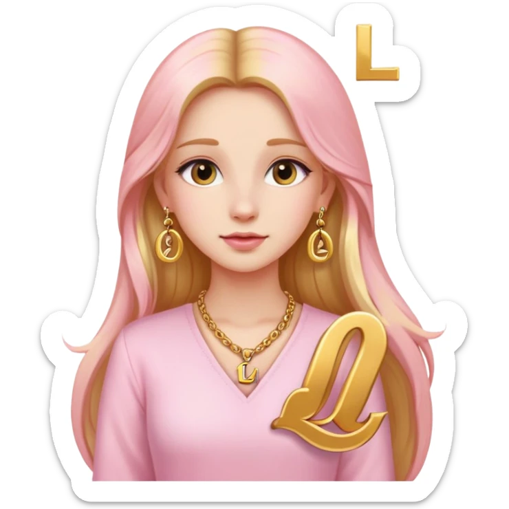 A beautiful girl wearing light pink clothes, long golden hair, earrings, Necklace with the letter L sticker