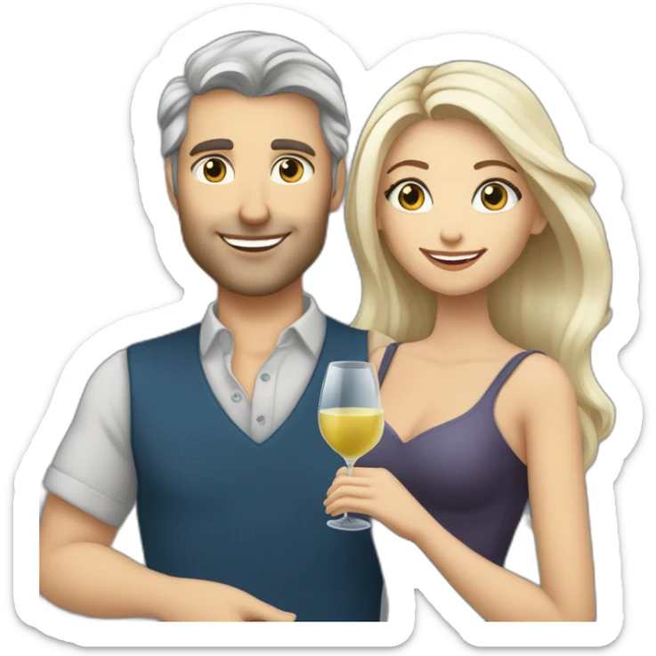 caucasian woman with brown eyes and blond medium long hair and a caucasian man with blue eyes and grey hair, toasting with a glass of white wine sticker