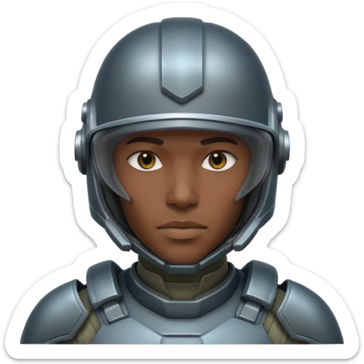 futuristic armored soldier human portrait, head and shoulders only, dark skin, strong jawline, helmet visor, sci-fi armor details, 3D cartoon, mobile game icon style, clean background, no text, no watermark
 sticker