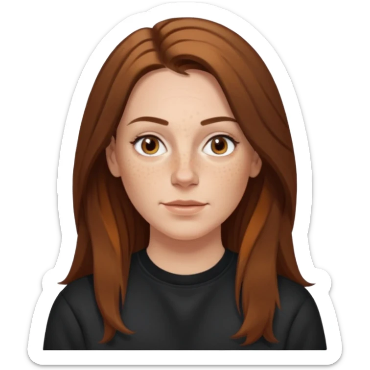 A 38 year old white woman with long brunette hair parted in the middle. She has a nose ring. She has brown eyes. She has freckles and is wearing a black sweatshirt sticker