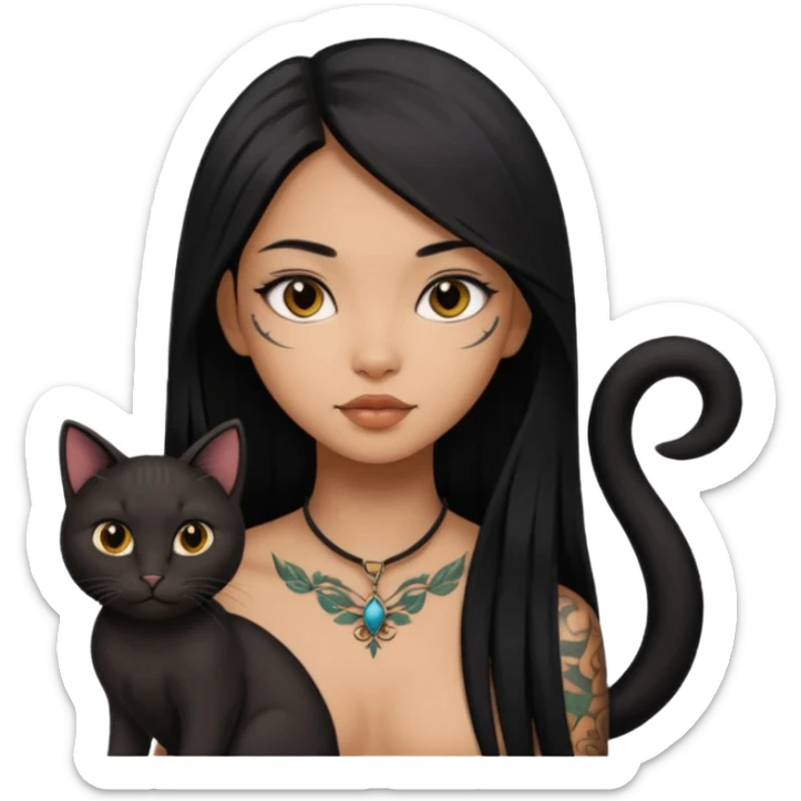 beautiful brown girl, with tattoo, with the long black hair, straight hair, chinese, with black cat sticker