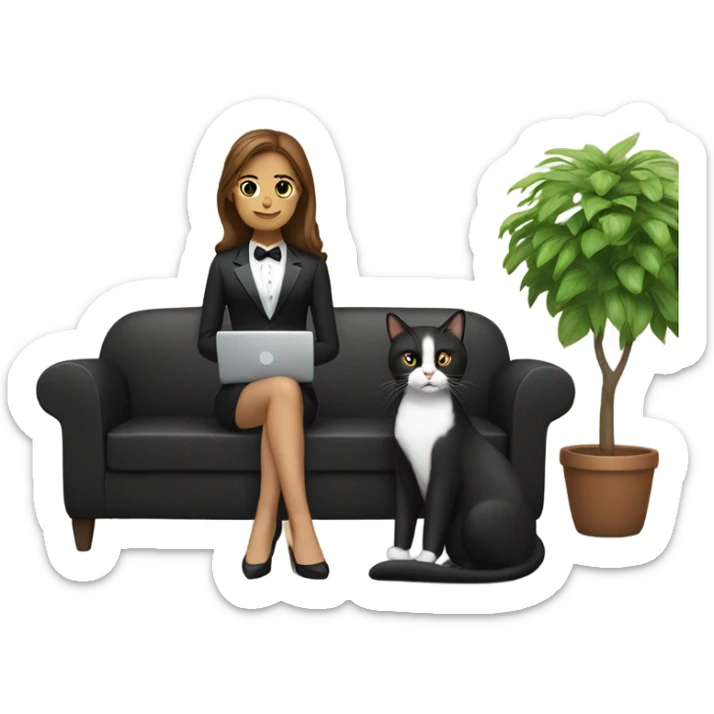 Light skinned woman with brown hair sitting on the couch laptop on her lap next to small black and white tuxedo cat sticker