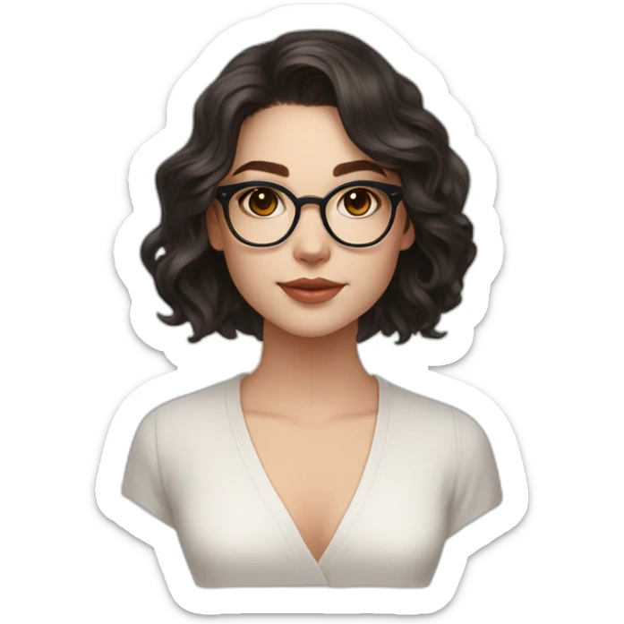 Beautiful white skin teenage girl very long wavy dark flax colored hair amber eyes rose gold round glasses white shirt black robe sticker