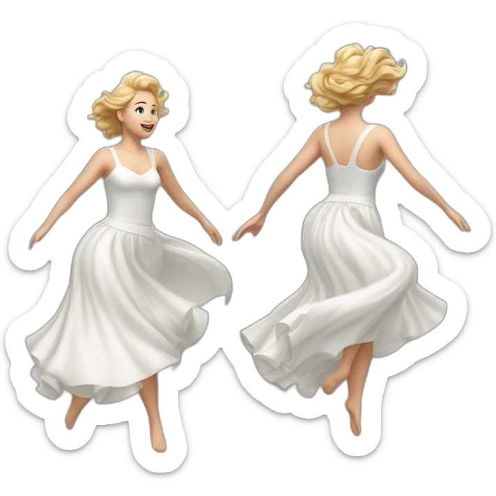 Hyperrealistic Full body Caucasian curvy beauty jumping white skirt back and front views strong wind sticker