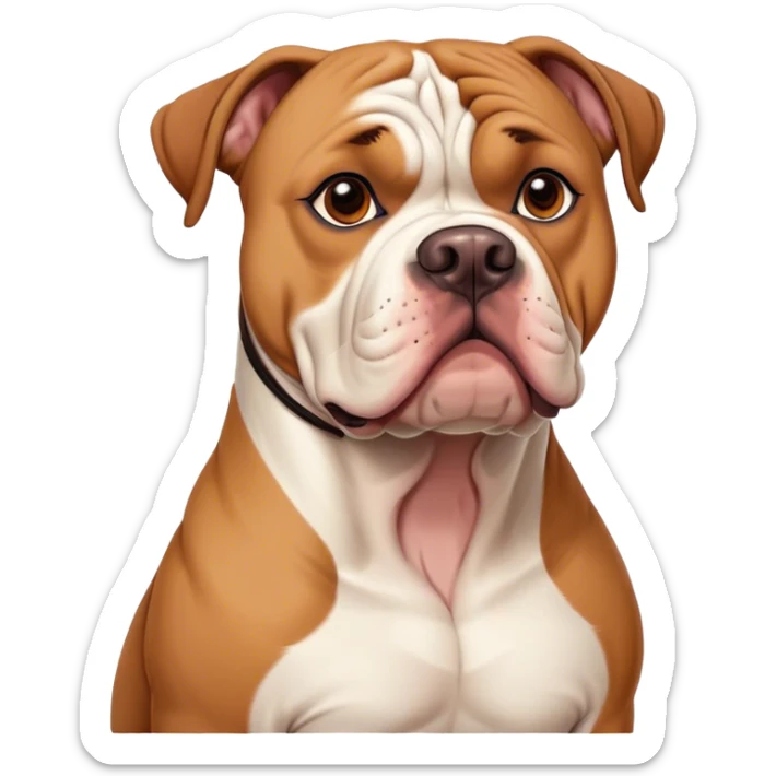 Cinematic Noble Solid Tan American Bulldog Portrait Emoji, Poised and regal, with a strong, muscular build and a sleek, well-groomed solid tan coat, deep-set soulful brown eyes, Simplified yet sharp and sophisticated features, highly detailed, glowing with a soft, dignified glow, high shine, intelligent and loyal, stylized with an air of strength, focused and attentive, soft glowing outline, capturing the essence of a watchful and confident guardian, so majestic it feels as though it could step out of the screen with effortless authority! sticker