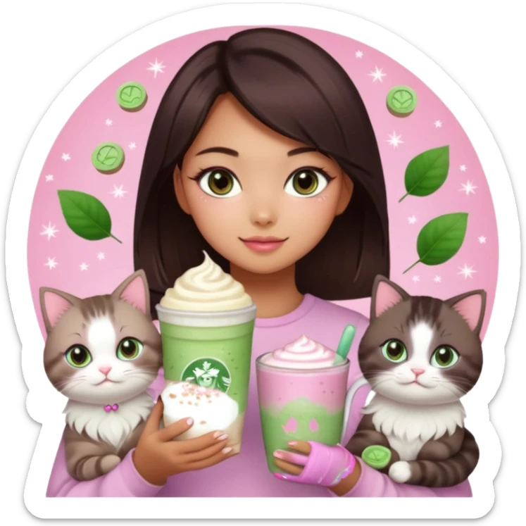 asian girl with shoart dark brown hair with a soft girl pink glowup aesthetic. matcha latte sparkles girly things, 2 ragdoll cats, skincare, makeup, money, luxury sticker