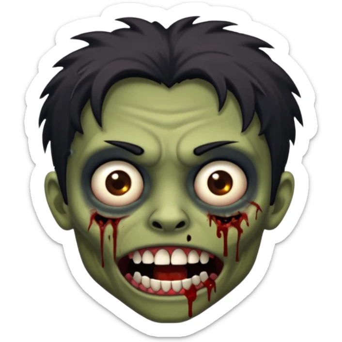 Brown-skinned zombie with messy black hair, wide centered brown eyes, dark bloody marks under the eyes, and a slightly open mouth showing crooked teeth grillz, giving a distressed, undead look. sticker