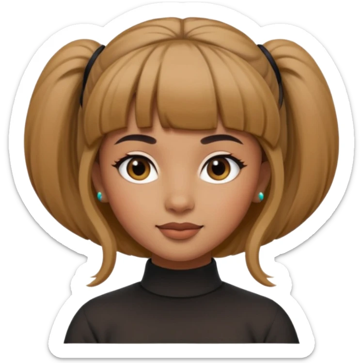 In Apple Memoji format, a girl with bangs and her hair in a bun. The girl has light brown skin and arab ethnic features sticker