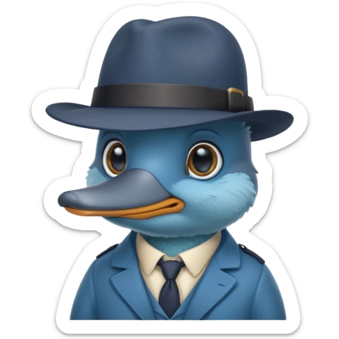 cute blue platypus with a detective hat and monocle on his eye, no  hands, looks like a platypus but blue sticker