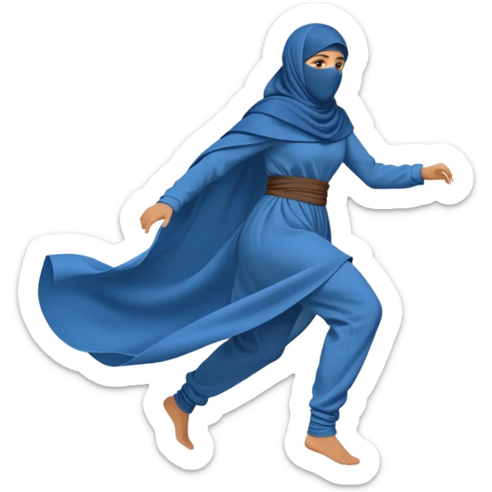 person in a blue niqab with billowing, loose clothing, running, side view sticker