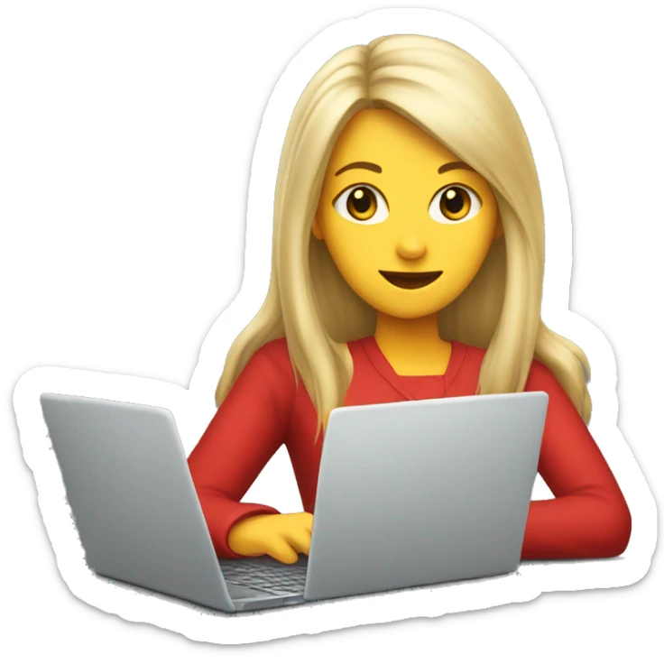 Young white woman in red, long blonde hair with bang, writing on laptop sticker