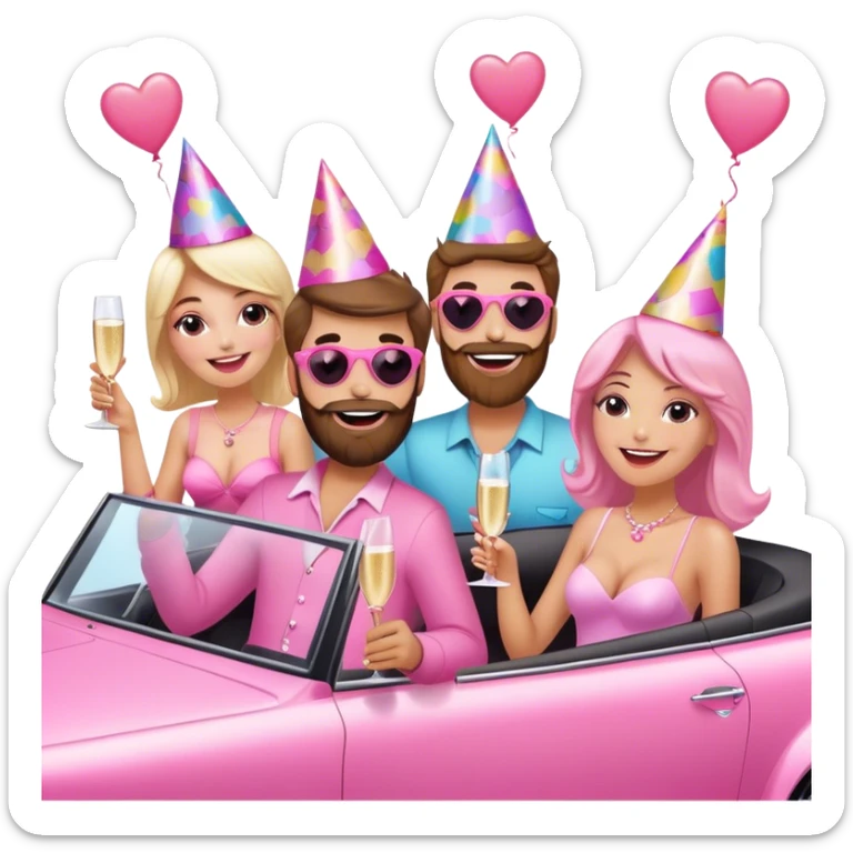 A bearded man and three women in a pink convertible with hearts blowing behind it sticker