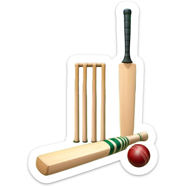 A cricket bat and ball resting on a well-manicured pitch, with the stumps and bails in the background. The scene emphasizes the traditional elements of the game, with the bat poised for a shot and the field reflecting a calm, competitive atmosphere. sticker