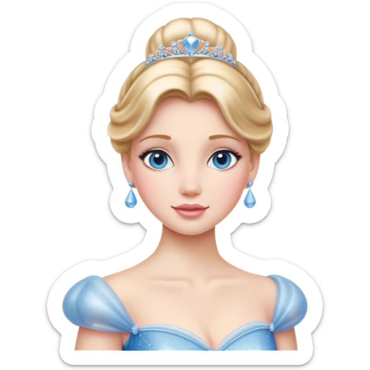 Cinematic Realistic Cinderella Portrait, depicted with lifelike skin texture, subtle rosy undertones, and soft natural lighting that enhances the gentle contours of her face. Her intricately detailed golden blonde hair is elegantly styled in an updo, with delicate wisps framing her face. Her deep, expressive blue eyes radiate warmth and sincerity, reflecting a quiet resilience and grace. She holds a glass slipper gently in one hand, her other hand resting gracefully at her side, emphasizing the timeless beauty of the moment. She is dressed in her iconic ball gown, the fabric shimmering with intricate embroidery and fine translucent layers that catch the light beautifully. The soft sheen of satin gloves adds a magical touch to her graceful pose. The portrait features an enchanting glow with a natural, luminous finish, seamlessly blending realism and fairytale charm to evoke a sense of depth, elegance, and timeless beauty. sticker