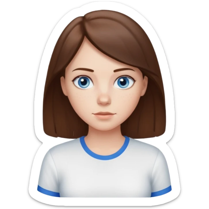 Create an emoji of a white Girl with brunette hair blue eyes faint freckles and hair to her chest wearing a white shirt sticker