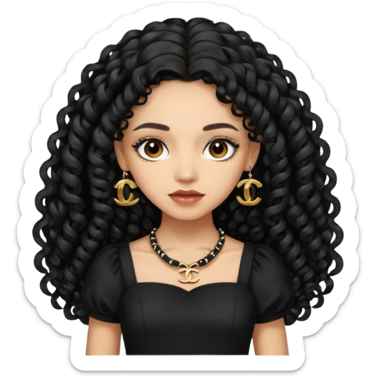 Light skin girl with black very long curly hair, brown eyes, black Chanel dress sticker