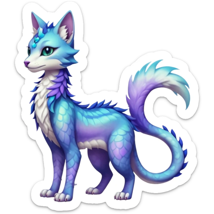 Kawaii iridescent beautiful pretty elegant divine edgy fantasy feline-vernid-sergal-fursona-animal-creature with a tufted tail and accessories, full body with intricate markings  sticker