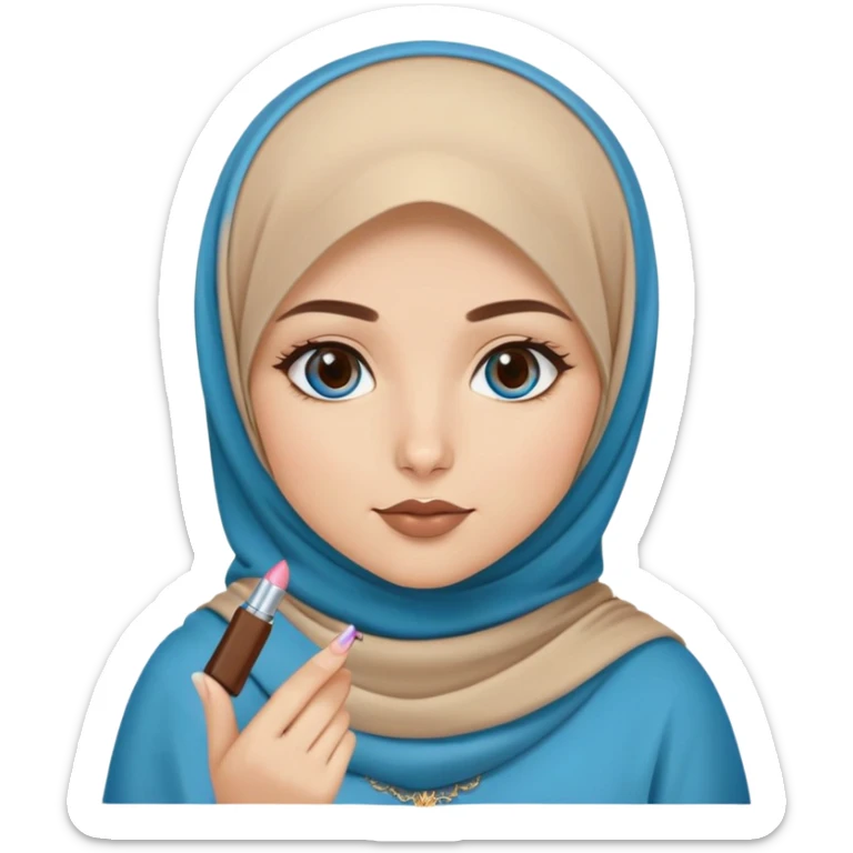 Turkish beautiful finish Konya blonde girl blue eyes with brown beige hijab islamic dress and had on her hand brown lipgloss sticker