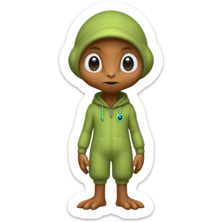 full body ...cute peacefull alien furry with 2 legs ....it has 1 eye....stands upright and looks intelligent ...wears clothing. not green..looks happy and cuddly... doesnt have eyes on face, there is a appendage coming from top of head with a single large eye sticker