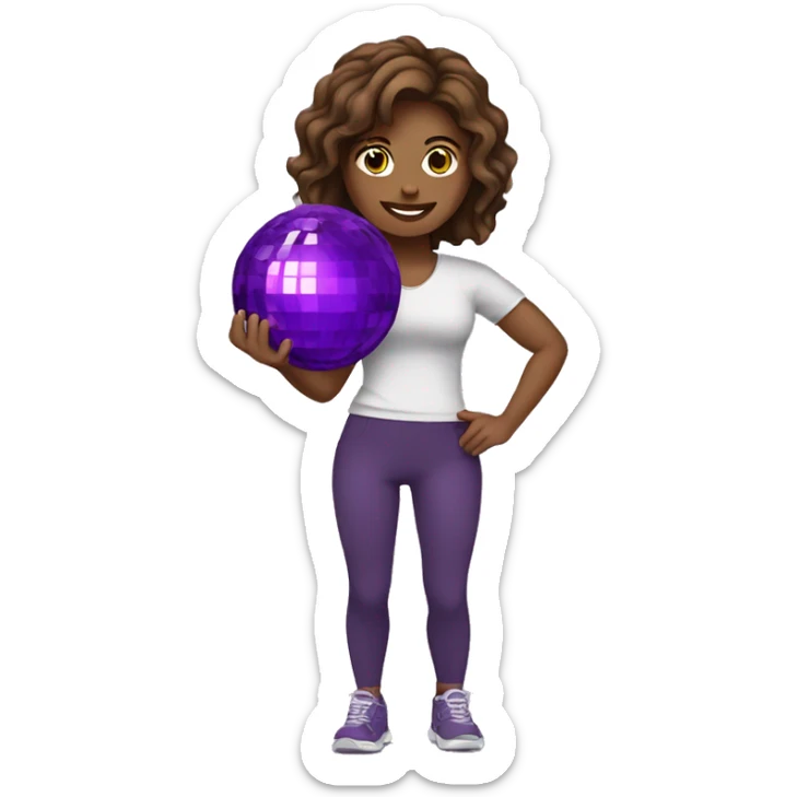 Brown hair woman holding purple disco ball and dumbbell sticker