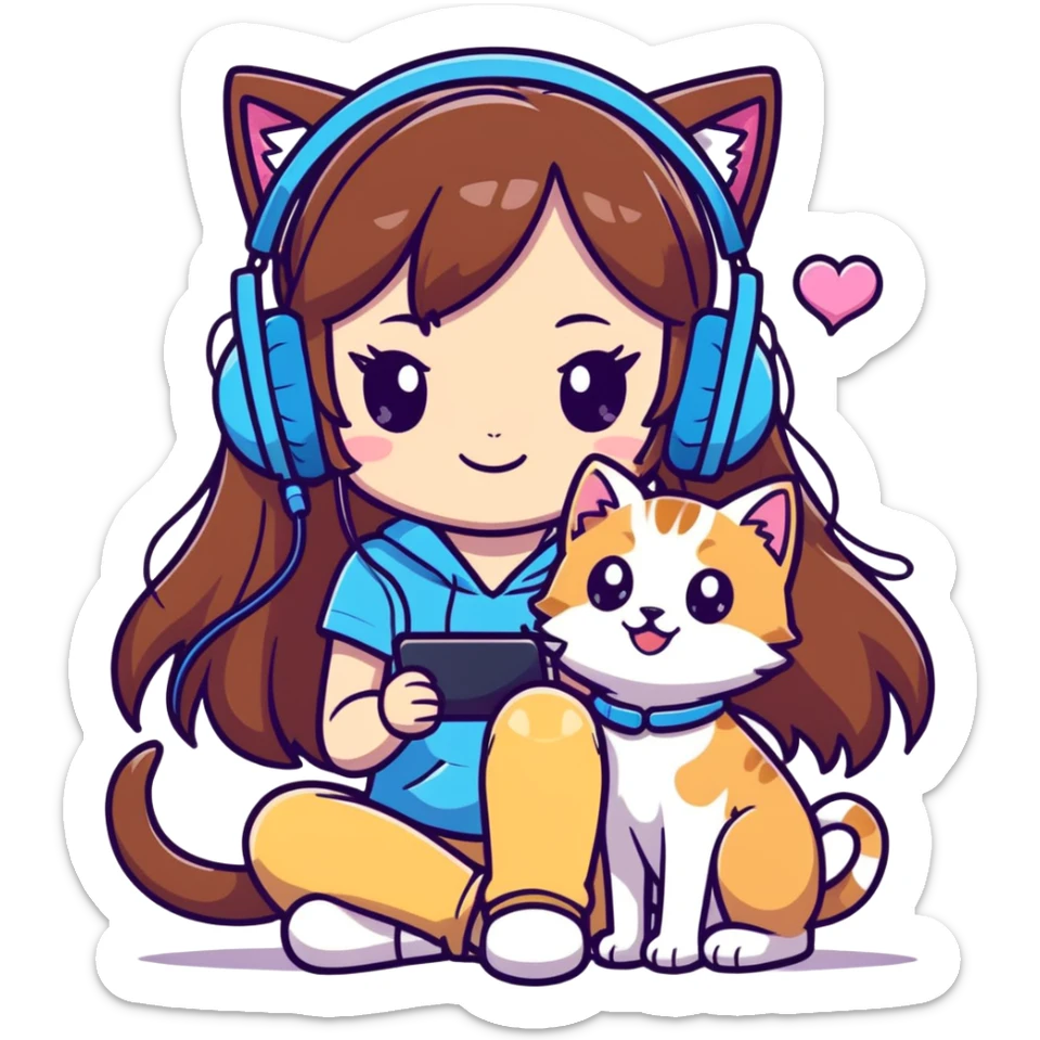 Anime-style gamer girl with long brown hair and a headset, in a pink and purple room with glowing heart decor, a happy puppy and kitten by her side, and sparkles everywhere — in magical girl anime style. sticker