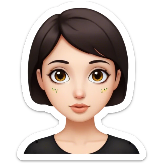 Mujer de 40 años pelo corto castaño oscuro ojos grandes nariz redonda y unas mariposas al rededor sticker