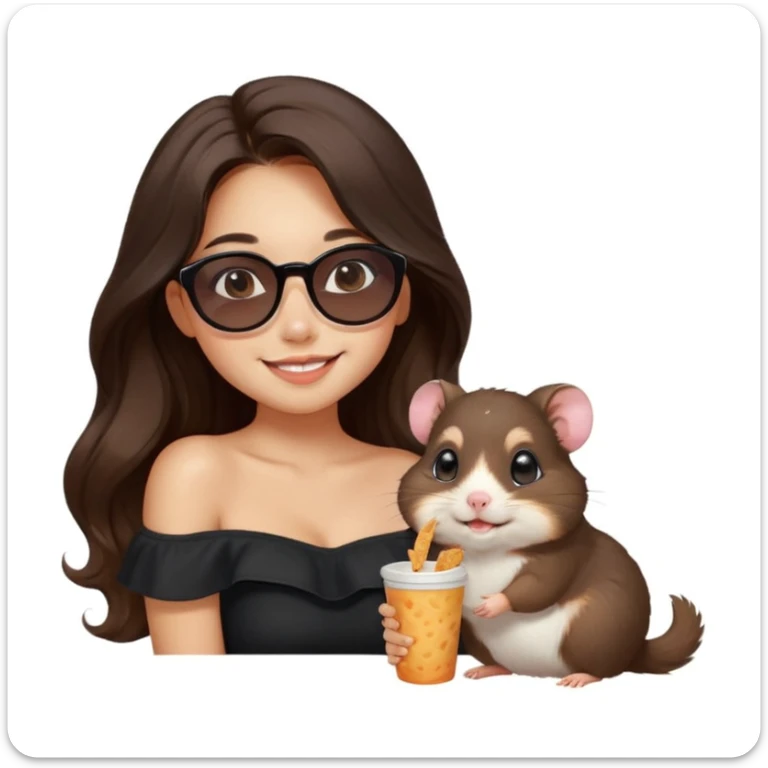 modern emoji-style illustration of a young woman with medium skin, long wavy dark brown hair, black off-shoulder top, soft smile, warm expressive eyes, pet hamster on her shoulder wearing round sunglasses eating a snack, cheerful charming fun scene, soft pastel gradient background sticker
