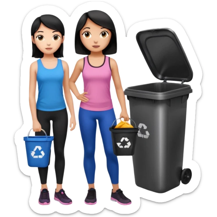 generate a genmoji of a black haired girl in a pink tank top and black leggings holding a black trash bag. Standing with her is a brunette girl in a similar blue tank top and black leggings.
Standing in front of a dustbin sticker