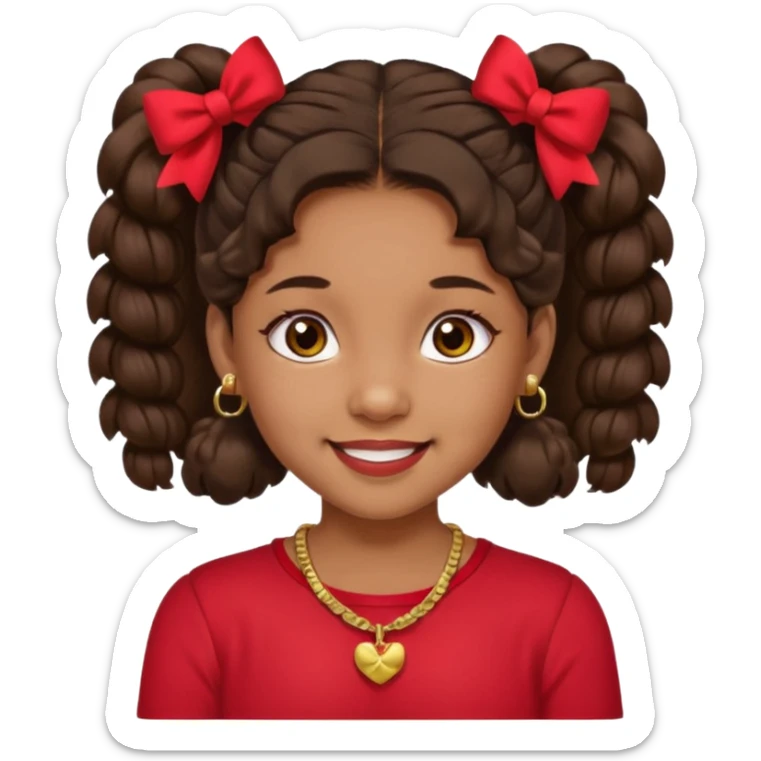 Brownskin girl dark brown hair fluffy. pigtails with red bows brown eyes smiling closed mouth red shirt gold esrrings gold necklace sticker