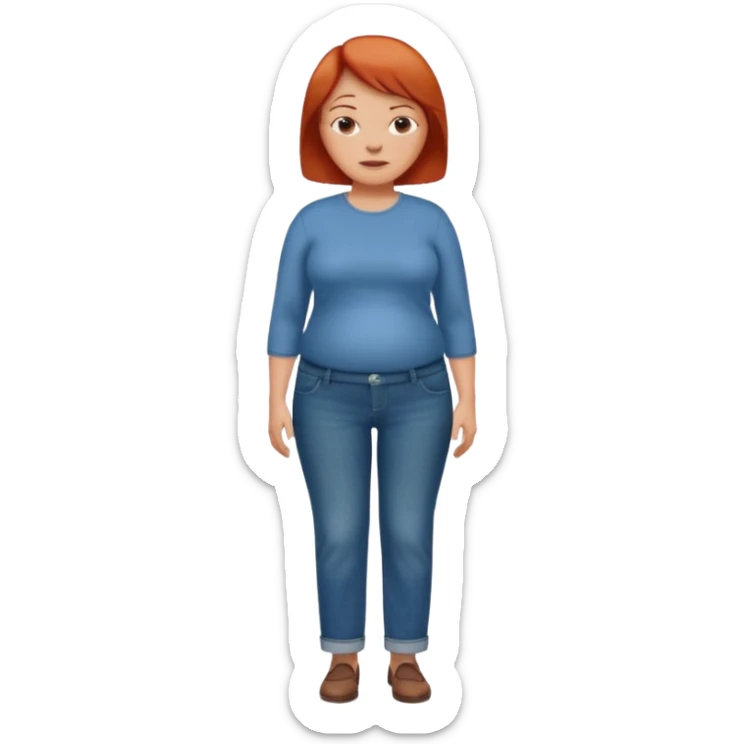 Lazy old Short woman with straight short red hair and fat tummy..wears business casual loose jeans and full sleeve  tshirt. Not smart looking ill fitting clothes sticker
