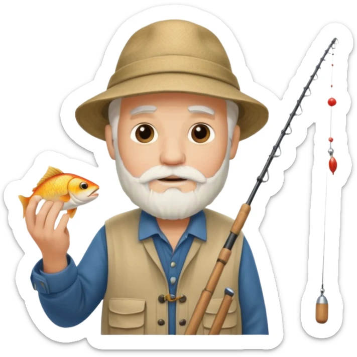 an old white haired, bearded man in fisherman attire, sat in a boat at sea, holding a fishing rod and catching fish with it. sticker