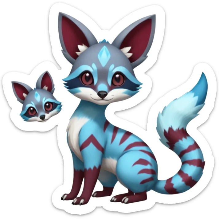 Rare realistic cool burgundy cute epic aesthetic colorful Amaura-Glaceon-Civet-Genet-species-Fakemon-hybrid-creature, with markings, full body sticker