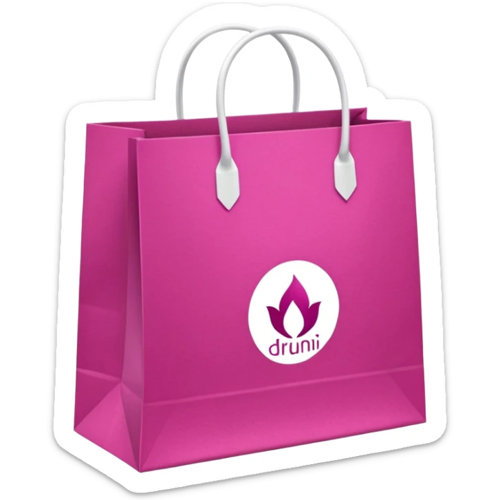 bolsa de papel fucsia con asas blancas y en el centro de la bolsa el logo de druni perfumerias en color blanco sticker