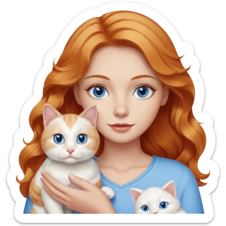 Long wavy strawberry blonde blue eyes woman with a white cat with blue eyes realistic  sticker