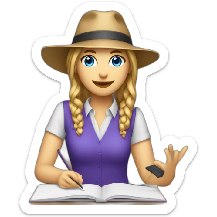 White female long har vivid blue eyes purple shirt violinist with laptop and teacher hat sticker