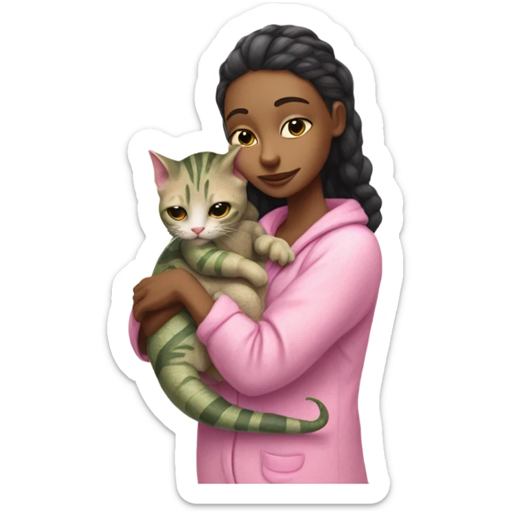Reptilian alien woman in pink pajamas, hugs a tabby cat sticker