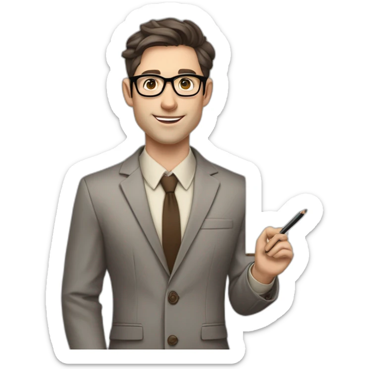 Pale skinned fit man with dark brown hair in gray jacket, beige office shirt, brown tie, brown pants and vintage glasses Writing on the flipchart sticker