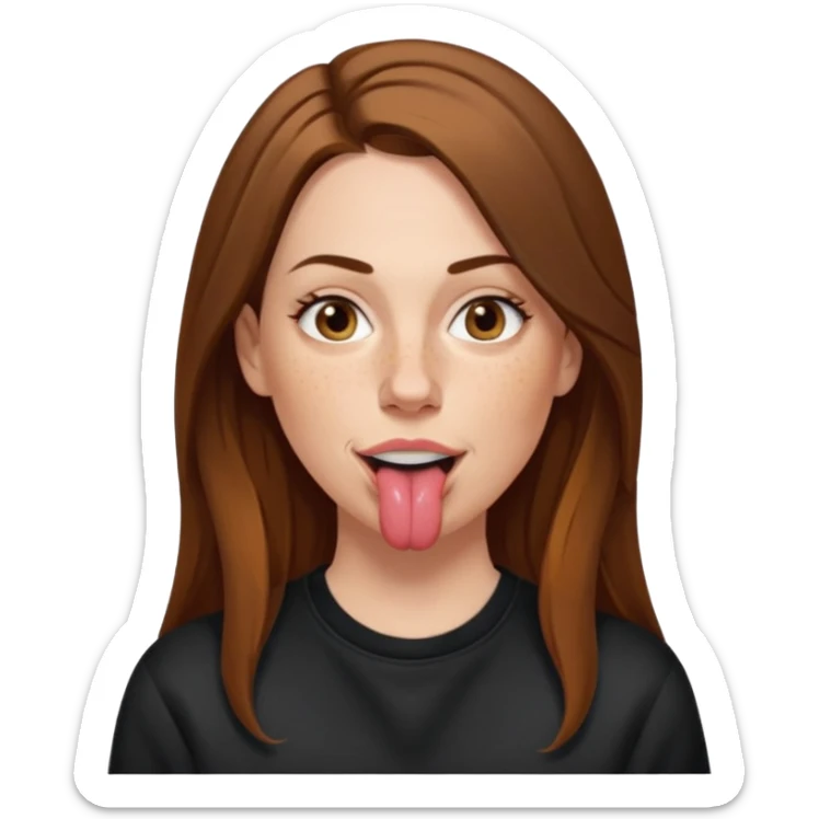 A 38 year old white woman with long brunette hair parted in the middle. She has her nose pierced. Her nose is medium sized. She has brown eyes. She has freckles and is wearing a black sweatshirt and is sticking out her tongue. sticker