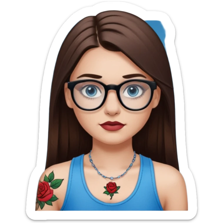White girl with long straight brown hair and blue eyes wearing plastic frame glasses that go from black to clear ombré from top to bottom. Stud nose piercing on right side of nose and a septum piercing. Wearing black tank top. Rose tattoo on right arm. sticker