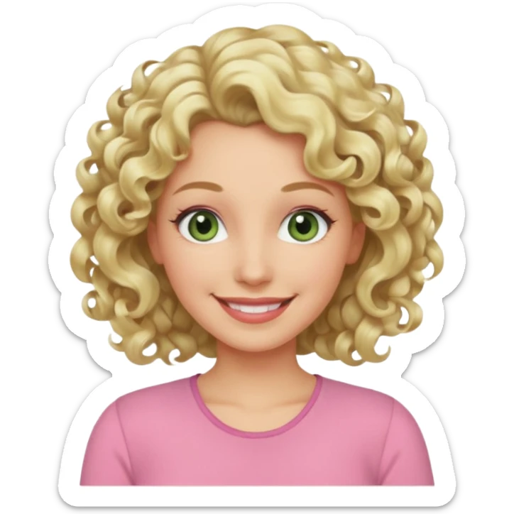 a woman in her late 40s and has greyish greenish eyes and blonde curly hair wearing a pink top sticker