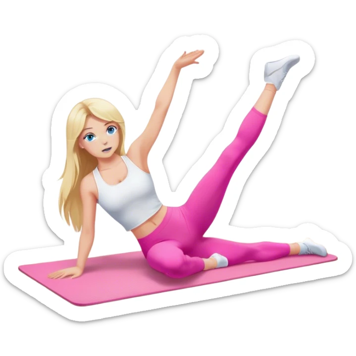 A cinematically realistic blonde with long hair and blue eyes, dressed in a white top and pink leggings, performs a sports exercise on a mat sticker