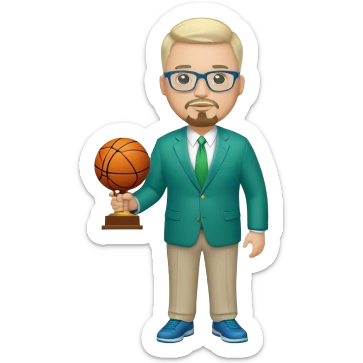 Full Body white fat male  wearing glasses with a goatee with light blonde gray very short hair basketball head Coach in blue and green suit holding trophy sticker
