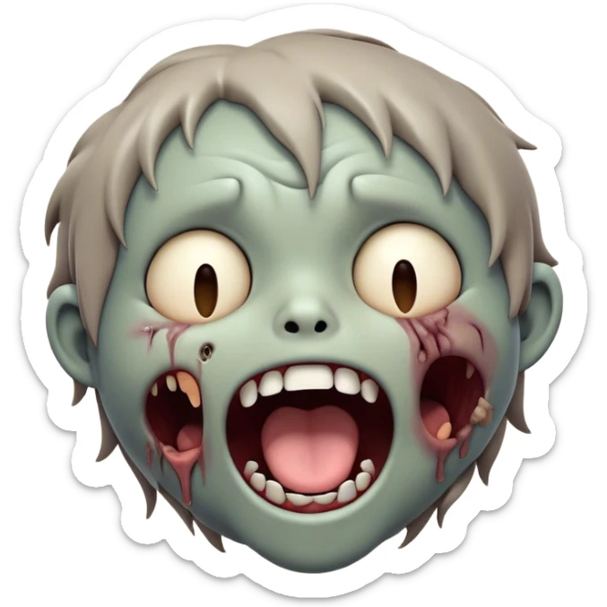 Cinematic Cute Yawning Zombie Portrait Emoji, with a delightfully quirky, slightly disheveled face in muted ashen tones, head tilted back in a big, funny yawn that reveals quirky stitches and playful gaps, simplified yet irresistibly charming, highly detailed with a soft, eerie glowing outline capturing the sleepy, offbeat vibe of a zombie taking a nap! sticker