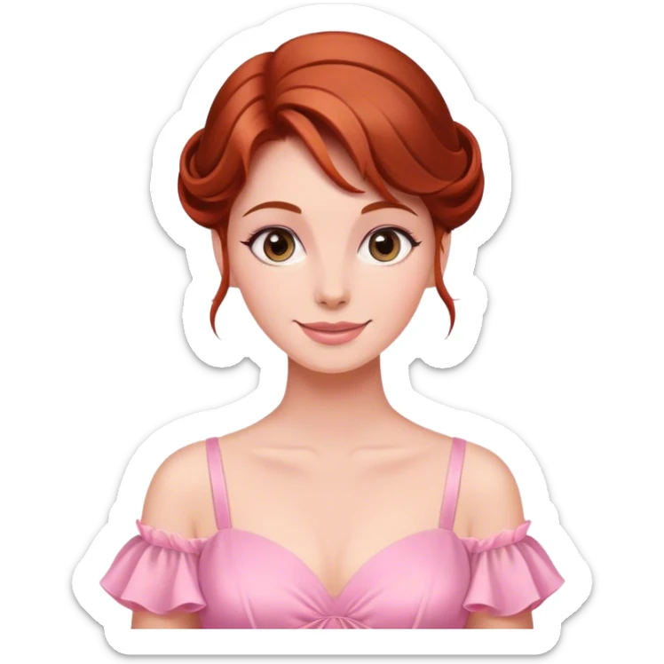 Cinematic Radiant Sleeping Beauty Portrait Emoji, rendered in a realistic, vector style with clean proportions. Show Aurora with a gentle smile, porcelain skin, and beautifully styled auburn hair, wearing her classic pink gown. The image glows with a soft, inviting radiance and high shine, accentuated by a soft glowing outline that enhances her graceful charm. sticker