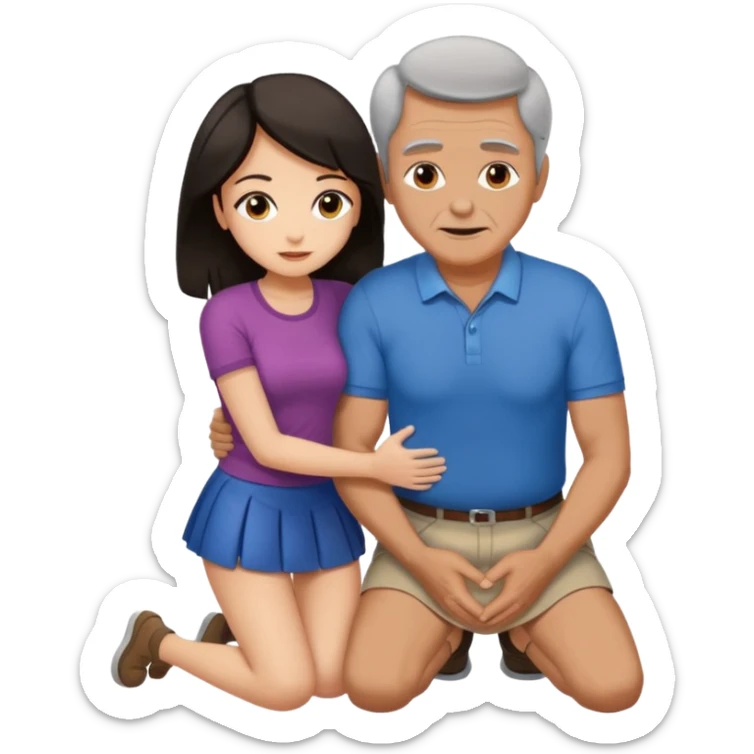 older man with dark hair on knees, facing dark haired woman in a micro mini skirt, hugging her waist sticker
