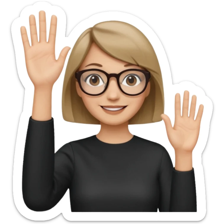 woman dark blonde petite bob haircut wears dark squarish glasses, classic clothes, smiling, waving, a tad older sticker