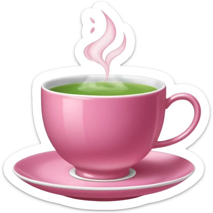 dark pink teacup filled with green tea, placed on a matching pink saucer, with gentle steam rising from the cup.  sticker