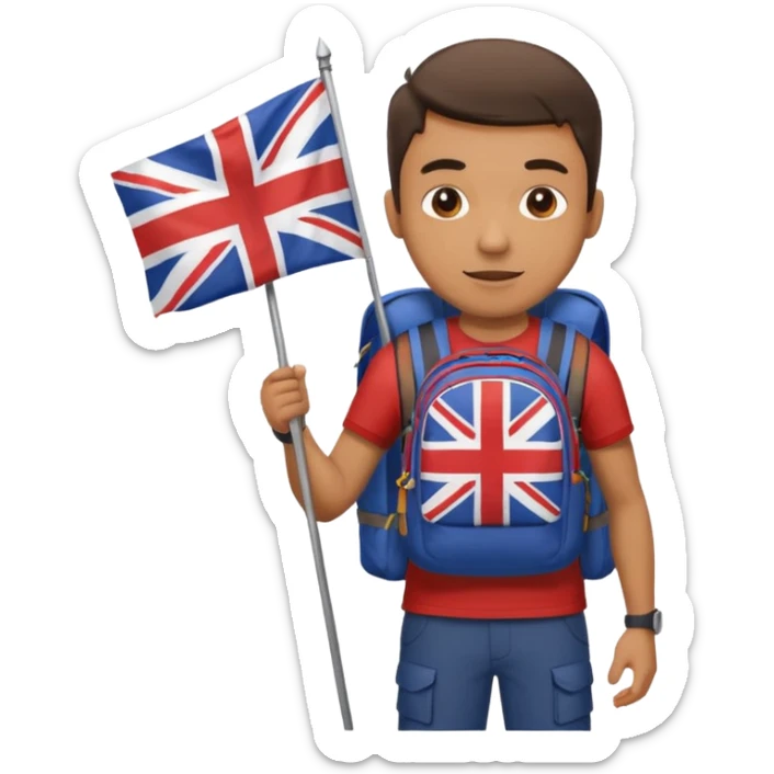 A guy with a hiking backpack and a Union Jack on his T-shirt holds the Union Jack. sticker