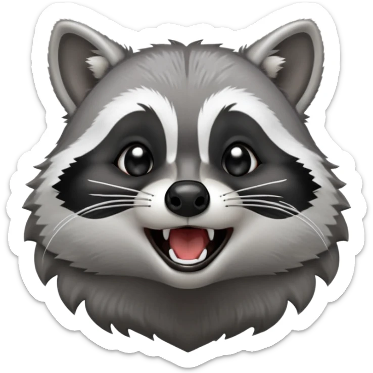 Cinematic-cute realistic- Yawning Raccoon-Portrait-Emoji – Poised and confident, wide-open yawn, revealing a soft grey with a sturdy build and a beautifully textured fur of silver-grey accented by dark black facial markings, deep-set, big black eyes, simplified yet sharp and sophisticated zoom out to show shoulders sticker