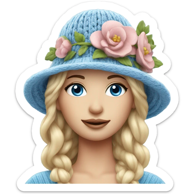 beautiful finnish fair hair woman with blue eyes knitting floral hat sticker